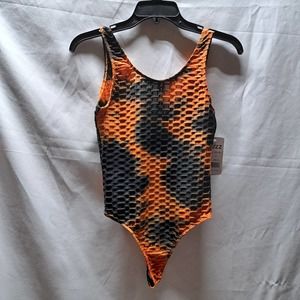 Buzz Small Orange Black Waffle fabric scoop neck bodysuit